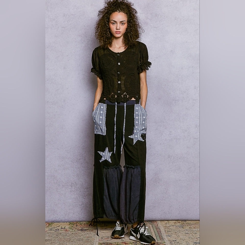 🐧#1194 POL Rebel Star Patchwork Boho Lounge Pants - Picture 4 of 6